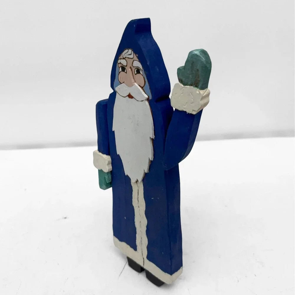 VTG Folk Art Hand Carved Wooden Blue Old World Santa Claus Figurine 12in